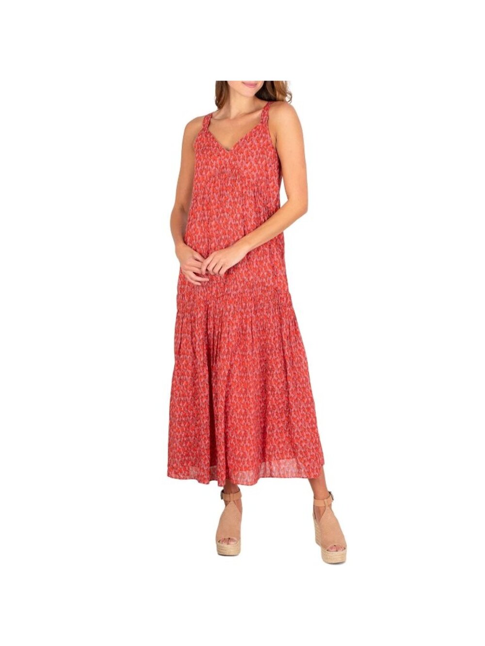 Joie Coral-Red Printed V-Neck Spaghetti Strap Maxi Dress